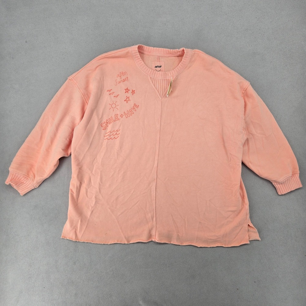 Aerie Womens New Oversized Small Peach Smile Wave Sweatshirt Beachy Boho